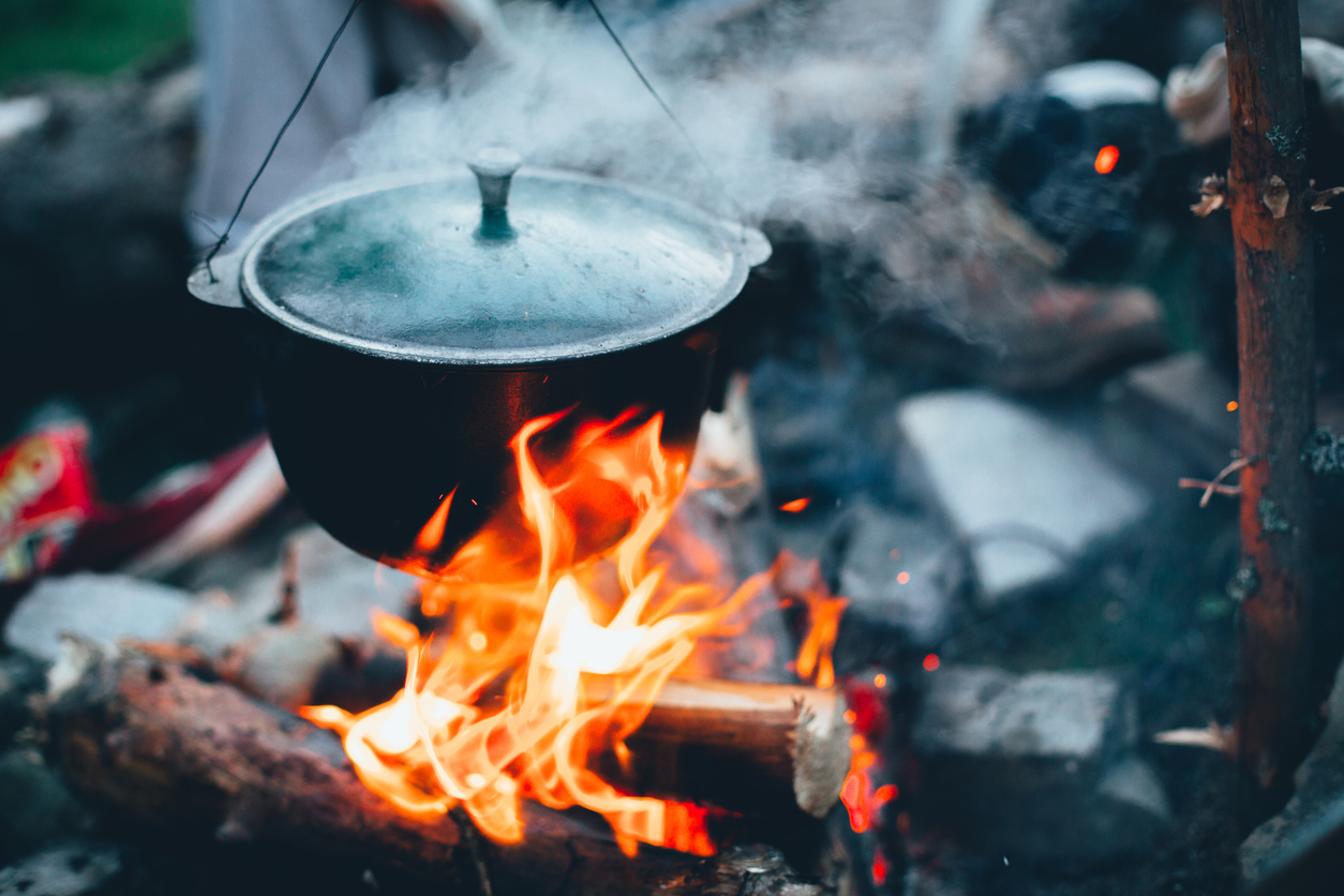 Large kettle on fire